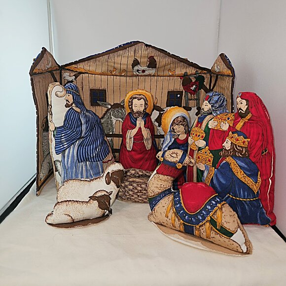Vintage Fabric Nativity Scene/Crèche Cloth Plush Stuffed Hand Made ~ 8 Pieces - Picture 1 of 7